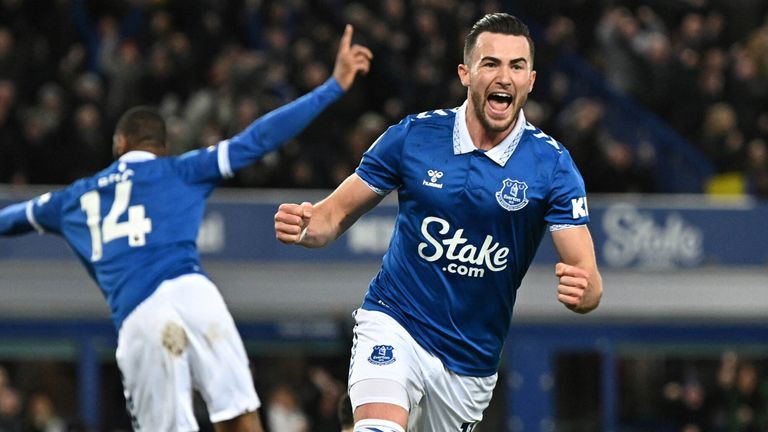 Jack Harrison wheels away to celebrate after giving Everton the lead against Manchester City