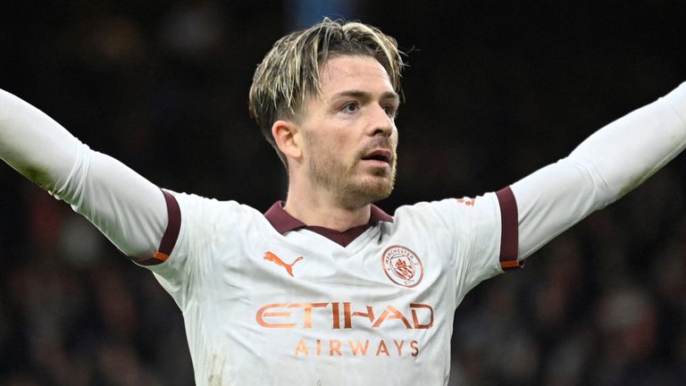 Jack Grealish celebrates after giving Manchester City a second-half lead at Luton