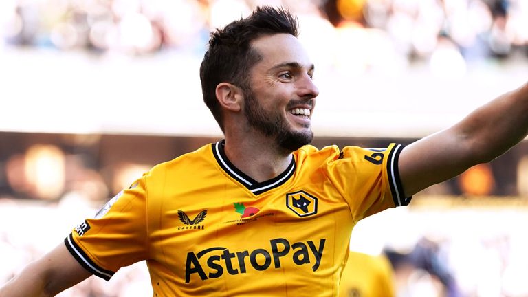 Pablo Sarabia celebrates after scoring a late equaliser for Wolves against Spurs