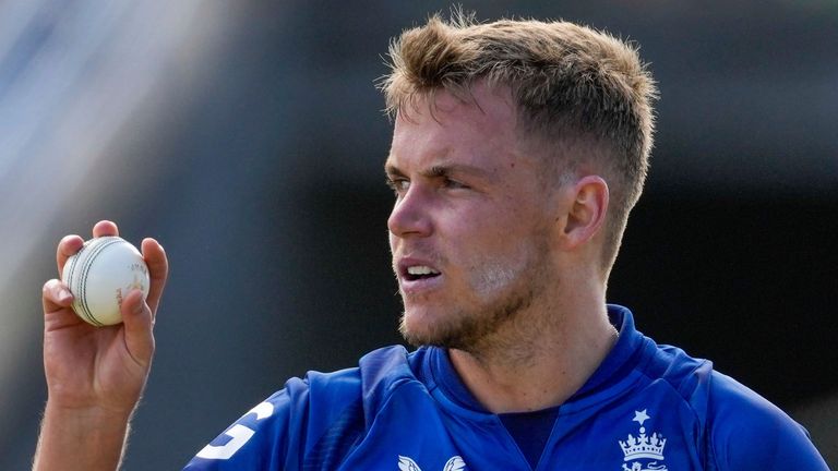 England&#39;s Sam Curran..prepares to bowl against West Indies during the first ODI cricket match at Sir Vivian Richards Stadium in North Sound, Antigua and Barbuda, Sunday, Dec. 3, 2023. (AP vbPhoto/Ricardo Mazalan)