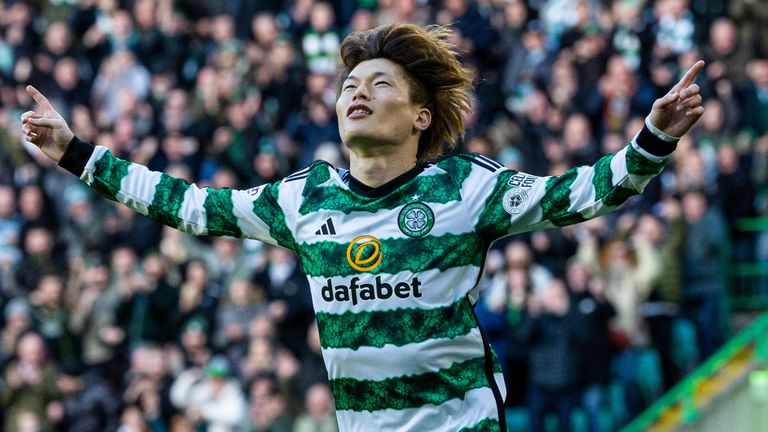 Kyogo Furuhashi celebrates after putting Celtic 2-0 up against Aberdeen