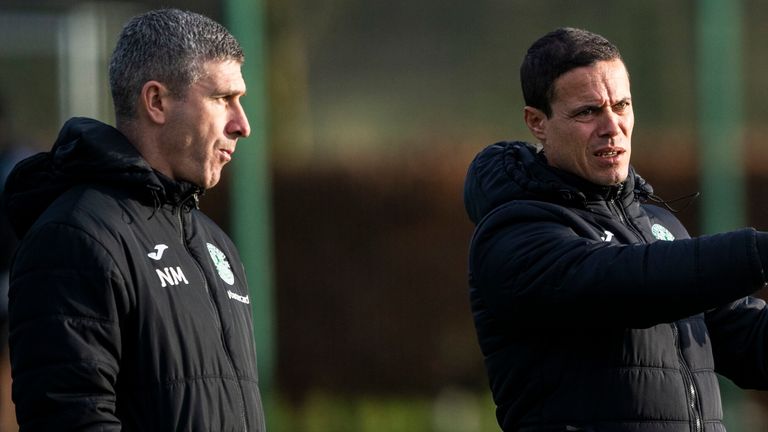 EDINBURGH, SCOTLAND - DECEMBER 08: Nick Montgomery and Sergio Raimundo during a Hibernian training session at the Hibernian Training Centre, on December 08, 2023, in Edinburgh, Scotland. (Photo by Paul Devlin / SNS Group)