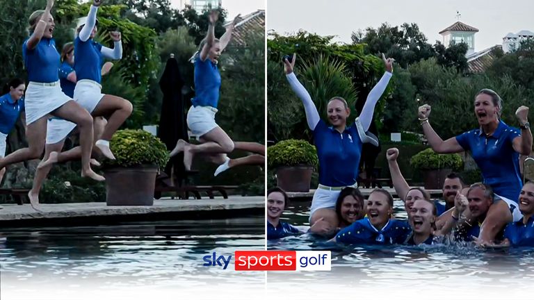 Team Europe celebrated retaining the Solheim Cup by jumping in a swimming pool!