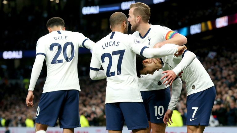 Tottenham Hotspur&#39;s Son Heung-min (right) celebrates scoring his side&#39;s third goal of the game during the Premier League match at the Tottenham Hotspur Stadium, London. PA Photo. Picture date: Saturday December 7, 2019. See PA story SOCCER Tottenham. Photo credit should read: Jonathan Brady/PA Wire. RESTRICTIONS: EDITORIAL USE ONLY No use with unauthorised audio, video, data, fixture lists, club/league logos or "live" services. Online in-match use limited to 120 images, no video emulation. No use in betting, games or single club/league/player publications.