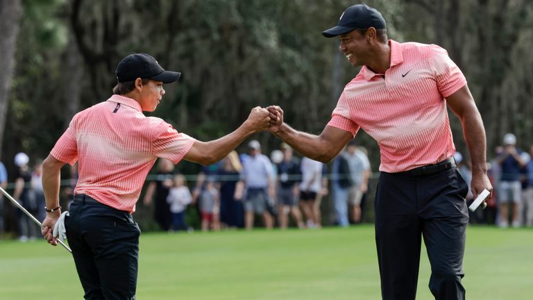 Tiger Woods talks about playing alongside his 14-year-old son Charlie at the PNC Championship.