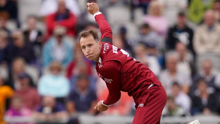 Lancashire Lightning v Northampton Steelebacks - Vitality Blast T20 - Emirates Old Trafford
Lancashire Lightning&#39;s Tom Hartley bowls during the Vitality Blast T20 match at the Emirates Old Trafford cricket ground, Lancashire. Picture date: Sunday July 2, 2023.