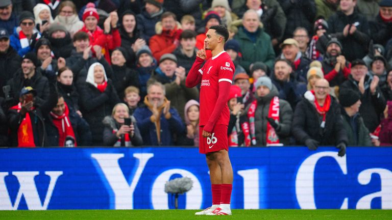 Liverpool&#39;s Trent Alexander-Arnold celebrates after scoring his side&#39;s opening goal (AP)