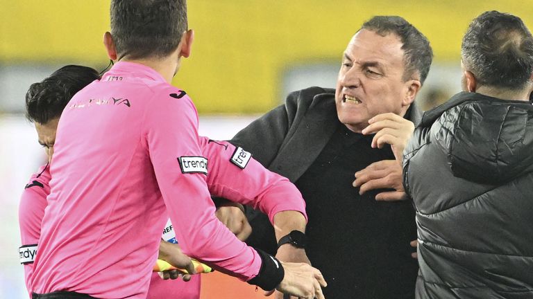 Faruk Koca, President of MKE Ankaragucu throws a punch to the referee Halil Umut Meler after the Turkish Super Lig week 15 football match between MKE Ankaragucu and Rizespor at Eryaman Stadium in Ankara, Turkiye on December 11, 2023