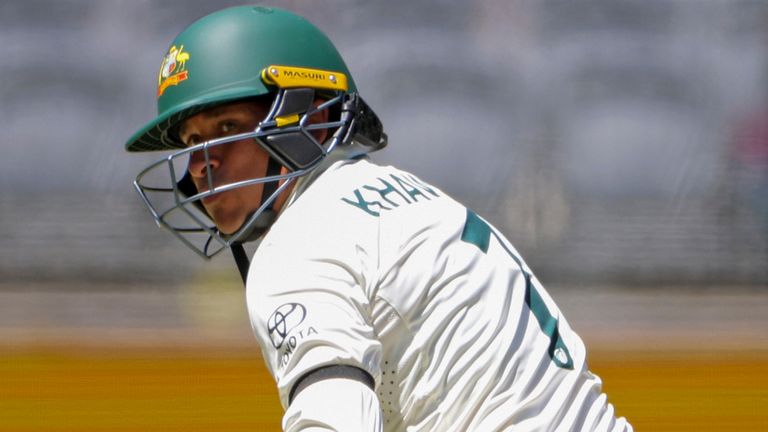 Australia batter Usman Khawaja wears a black armband during the Test match against Pakistan in Perth (Associated Press)