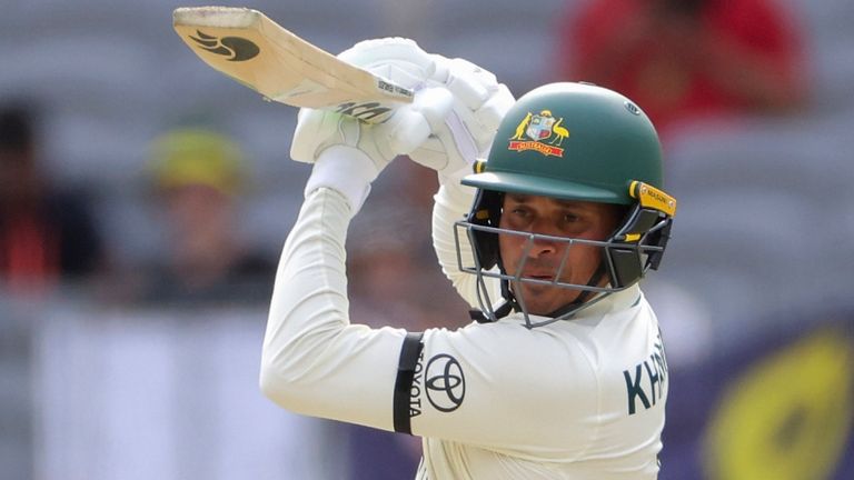 Usman Khawaja of Australia bats during play on the third day of the first cricket test between Australia and Pakistan in Perth, Australia, Saturday, Dec. 16, 2023. (Richard Wainwright/AAP Image via AP)