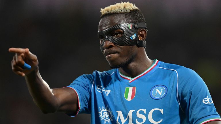 Napoli's Victor Osimhen celebrates scoring during the Serie A soccer match between Frosinone Calcio and SSC Napoli, at the Benito Stirpe stadium in Frosinone, Italy, Saturday Aug. 19, 2023. (Alfredo Falcone/LaPresse via AP)