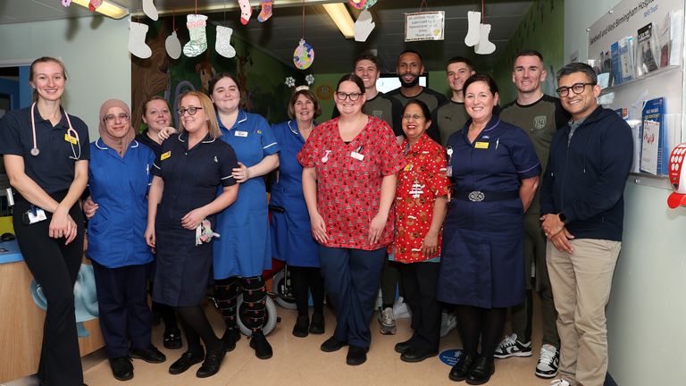 WEST BROMWICH, ENGLAND - DECEMBER 15: Adam Reach of West Bromwich Albion, Kyle Bartley of West Bromwich Albion, Conor Townsend  of West Bromwich Albion and Jed Wallace of West Bromwich Albion during a visit to Sandwell Hospital Children&#39;s Ward on December 15, 2023 in West Bromwich, England. (Photo by Adam Fradgley/West Bromwich Albion FC via Getty Images)