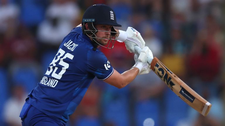 ANTIGUA, ANTIGUA AND BARBUDA - DECEMBER 06: Will Jacks of England batts during the 2nd CG United One Day International match between West Indies and England at Sir Vivian Richards Stadium on December 06, 2023 in Antigua, Antigua and Barbuda. (Photo by Ashley Allen/Getty Images)