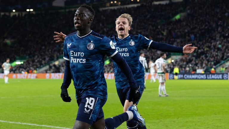 Feyenoord&#39;s Yakuba Minteh celebrates after scoring to make it 1-1 against Celtic