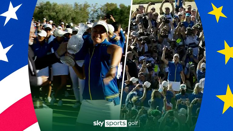 Suzann Pettersen was presented with the Solheim Cup after Europe retained and began joyous celebrations with her team