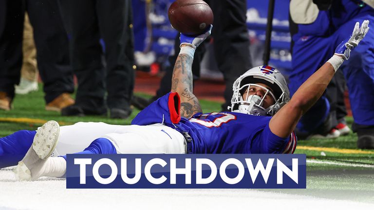 Buffalo Bills wide receiver Khalil Shakir (10) reacts after making a touchdown catch against the Kansas City Chiefs during the third quarter of an NFL AFC division playoff football game, Sunday, Jan. 21, 2024, in Orchard Park, N.Y. (AP Photo/Jeffrey T. Barnes)