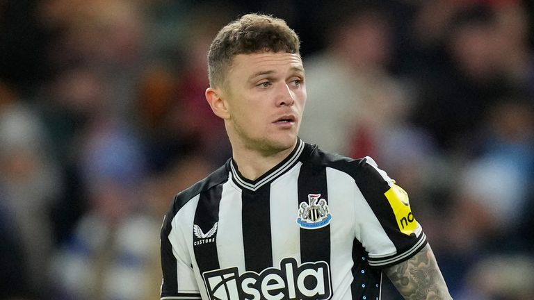 Newcastle's Kieran Trippier holds the ball prior to taking a penalty in the penalty shoot out during the English League Cup quarterfinal soccer match between Chelsea and Newcastle United at Stamford Bridge in London, Tuesday, Dec. 19, 2023. Tripper failed to score and Chelsea went onto with the shoot out 4-2 and advance to the semifinals, after the game ended in a 1-1 draw.