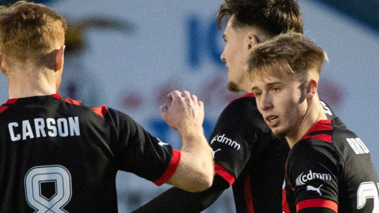 INVERNESS, SCOTLAND - JANUARY 20: Inverness&#39; Adam Brooks celebrates scoring to make it 3-0 with teammate David Carson during a Scottish Gas Scottish Cup fourth round match between Inverness Caledonian Thistle and Broomhill at the Caledonian Stadium, on January 20, 2024, in Inverness, Scotland.  (Photo by Euan Cherry / SNS Group)