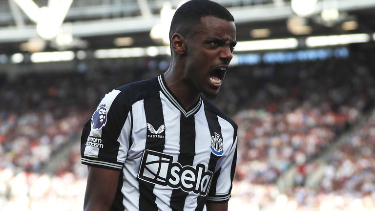 Alexander Isak celebrates the first of his two goals