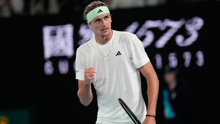 Alexander Zverev of Germany reacts after defeating Alex Michelsen of the U.S. in their third round match at the Australian Open tennis championships at Melbourne Park, Melbourne, Australia, Saturday, Jan. 20, 2024. (AP Photo/Alessandra Tarantino)