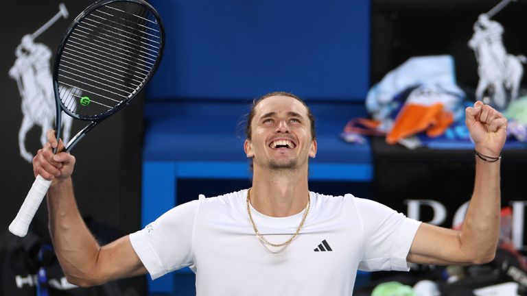 Alexander Zverev of Germany celebrates after defeating Cameron Norrie of Britain in their fourth round match at the Australian Open tennis championships at Melbourne Park, Melbourne, Australia, Monday, Jan. 22, 2024.(AP Photo/Asanka Brendon Ratnayake)