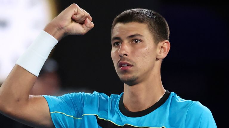 Alexei Popyrin of Australia reacts after winning a point against Novak Djokovic of Serbia during their second round match at the Australian Open tennis championships at Melbourne Park, Melbourne, Australia, Wednesday, Jan. 17, 2024. (AP Photo/Asanka Brendon Ratnayake)