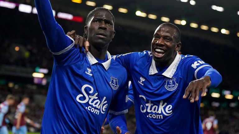 Amadou Onana and Abdoulaye Doucoure celebrate after going 1-0 up