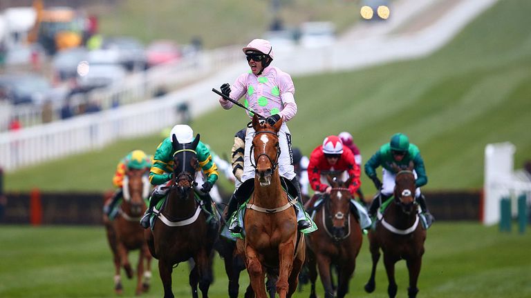 Ruby Walsh celebrates after riding Annie Power to victory in the 2016 Champion Hurdle