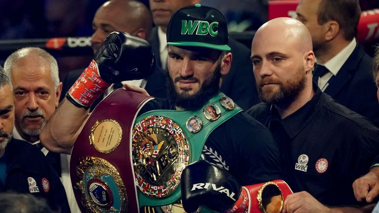 June 18, 2022, New York, New York, USA: ARTUR BETERBIEV celebrates after defeating Joe Smith, Jr. by 2nd round TKO in a WBO/IBF/WBC Light Heavyweight championship bout at Madison Square Garden in New York, New York. (Credit Image: .. Joel Plummer/ZUMA Press Wire) (Cal Sport Media via AP Images)