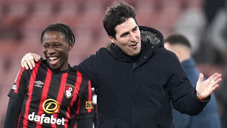 Bournemouth manager Andoni Iraola (right) and Dominic Sadi celebrate after the final whistle