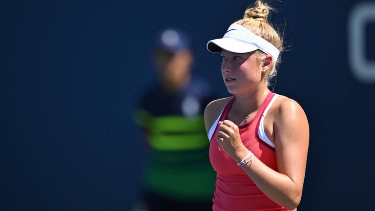 Brenda Fruhvirtova reacts during a women&#39;s qualifying singles match at the 2023 US Open, Wednesday, Aug. 23, 2023 in Flushing, NY. (Pete Staples/USTA via AP)