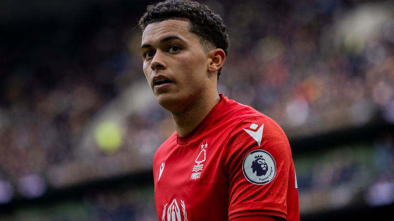 Nottingham Forest&#39;s Brennan Johnson during the Premier League soccer match between Tottenham and Nottingham Forest at The Tottenham Hotspur Stadium in London, England, Saturday March 12th, 2023. (AP Photo/Leila Coker)