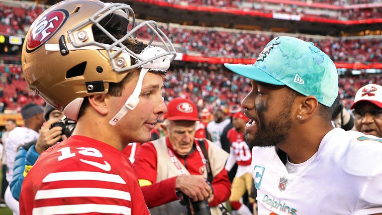 San Francisco 49ers quarterback Brock Purdy (L) and Miami Dolphins counterpart Tua Tagovailoa are both first-time Pro Bowl selections