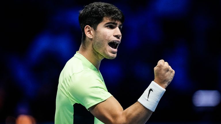 Spain&#39;s Carlos Alcaraz reacts during the singles tennis match against Russia&#39;s Andrej Rublev