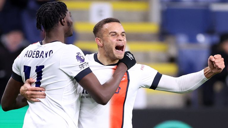 Carlton Morris celebrates his late equaliser for Luton with Elijah Adebayo
