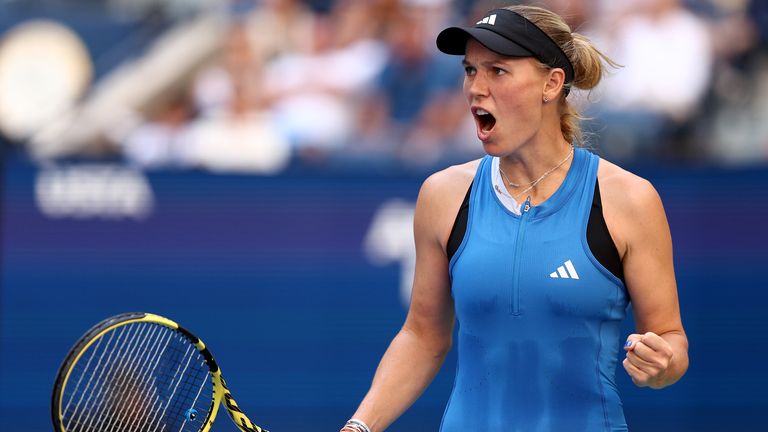 Caroline Wozniacki of Denmark celebrates a point against Jennifer Brady of the United States during their Women&#39;s Singles Third Round match on Day Five of the 2023 US Open at the USTA Billie Jean King National Tennis Center on September 01, 2023 in the Flushing neighborhood of the Queens borough of New York City. (Photo by Elsa/Getty Images)