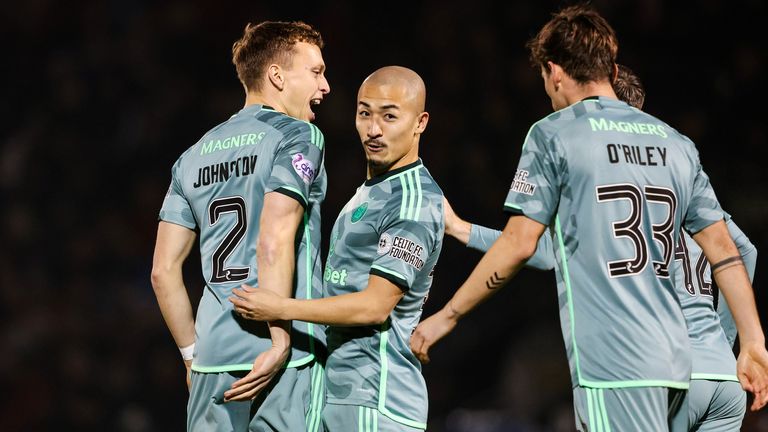 PAISLEY, SCOTLAND - JANUARY 02: Celtic&#39;s Daizen Maeda celebrates with Alistair Johnston and Matt O&#39;Riley after scoring to make it 1-0  during a cinch Premiership match between St Mirren and Celtic at the SMiSA Stadium, on January 02, 2024, in Paisley, Scotland. (Photo by Craig Foy / SNS Group)