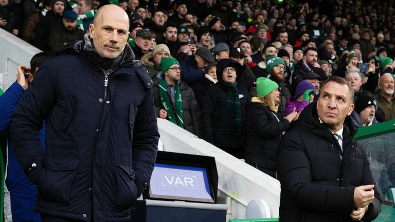 GLASGOW, SCOTLAND - DECEMBER 30: Celtic Manager Brendan Rodgers and Rangers Manager Philippe Clement  during a cinch Premiership match between Celtic and Rangers at Celtic Park, on December 30, 2023, in Glasgow, Scotland. (Photo by Craig Foy / SNS Group)