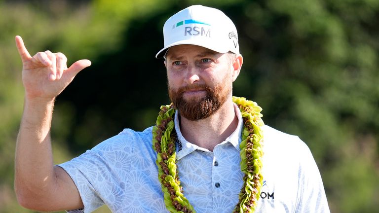 Chris Kirk motions on the 18th green after the final round of The Sentry golf event, Sunday, Jan. 7, 2024, at Kapalua Plantation Course in Kapalua, Hawaii. (AP Photo/Matt York)