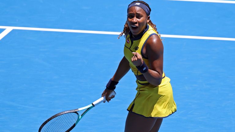 Coco Gauff of the U.S. celebrates after defeating Anna Karolina Schmiedlova of Slovakia during their first round match at the Australian Open tennis championships at Melbourne Park, Melbourne, Australia, Monday, Jan. 15, 2024. (AP Photo/Asanka Brendon Ratnayake)