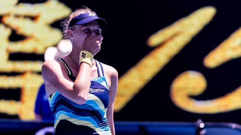 MELBOURNE, VIC - JANUARY 22: Dayana Yastremska of Ukraine celebrates after winning her match during the 4th round of the 2024 Australian Open on January 22 2024, at Melbourne Park in Melbourne, Australia. (Photo by Jason Heidrich/Icon Sportswire) (Icon Sportswire via AP Images)