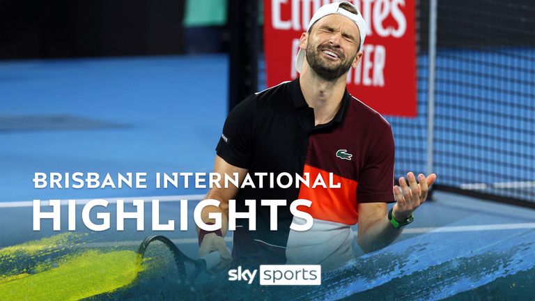 Grigor Dimitrov of Bulgaria reacts after he won his final match against Holger Rune of Denmark 6-3, 7-5, during the Brisbane International tennis tournament in Brisbane, Australia, Sunday, Jan. 7, 2024.