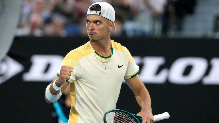 Croatia&#39;s Dino Prizmic reacts during his first round match against Serbia&#39;s Novak Djokovic at the Australian Open tennis championships at Melbourne Park, Melbourne, Australia, Sunday, Jan. 14, 2024. (AP Photo/Andy Wong)