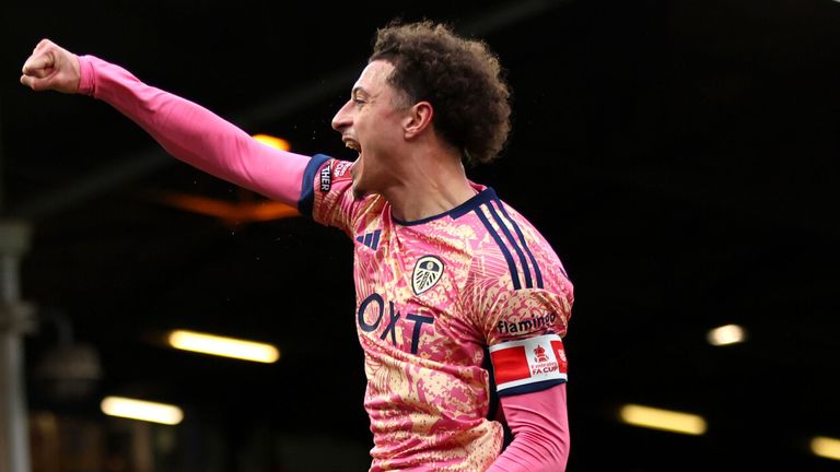 Ethan Ampadu celebrates after putting Leeds in front against Peterborough