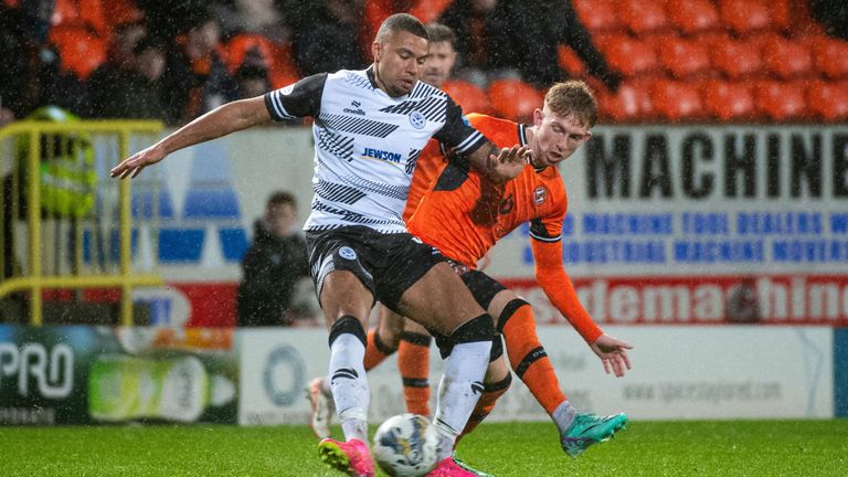 DUNDEE, SCOTLAND - DECEMBER 09: Ayr&#39;s Frankie Musonda and Kai Fotheringham in action during a cinch Championship match between Dundee United and Ayr United at Tannadice Park, on December 09, 2023, in Dundee, Scotland. (Photo by Euan Cherry / SNS Group)