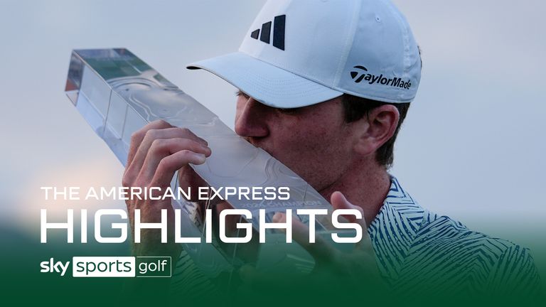 Nick Dunlap kisses the trophy after winning the American Express golf tournament, Sunday, Jan. 21, 2024, in La Quinta, Calif. 