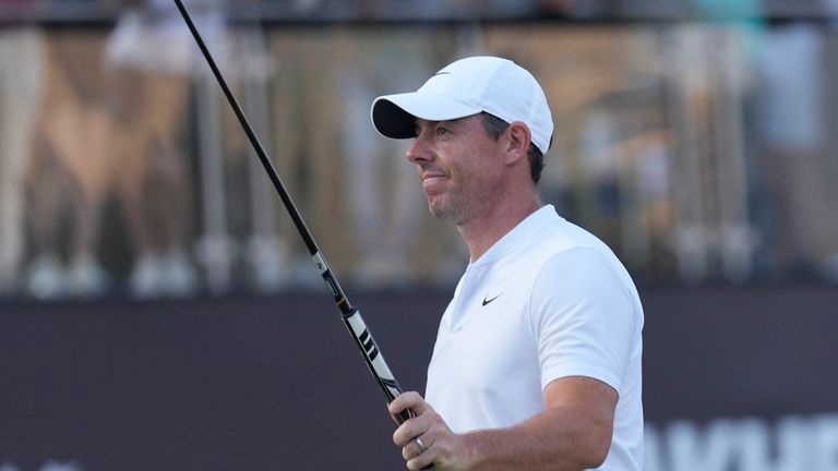 Rory McIlroy of Northern Ireland celebrates after he won the final round of the Hero Dubai Desert Classic golf tournament, in Dubai, United Arab Emirates, Sunday, Jan. 21, 2024. (AP Photo/Kamran Jebreili)