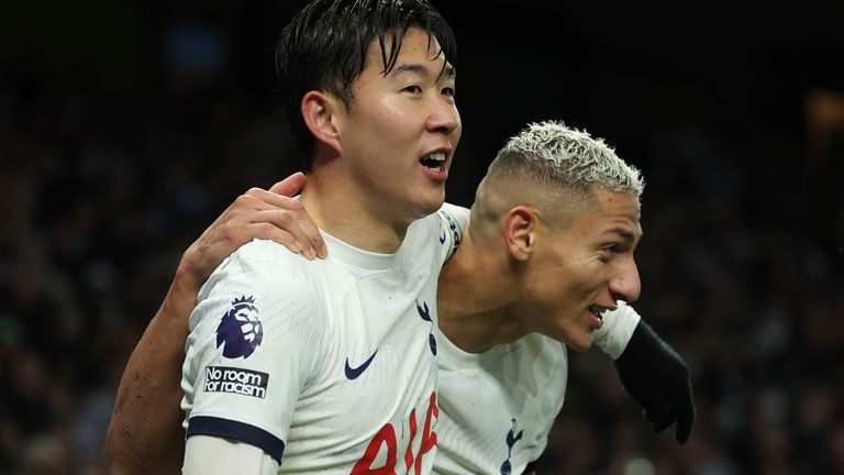 Heung-min Son and Richarlison celebrate Tottenham&#39;s second goal