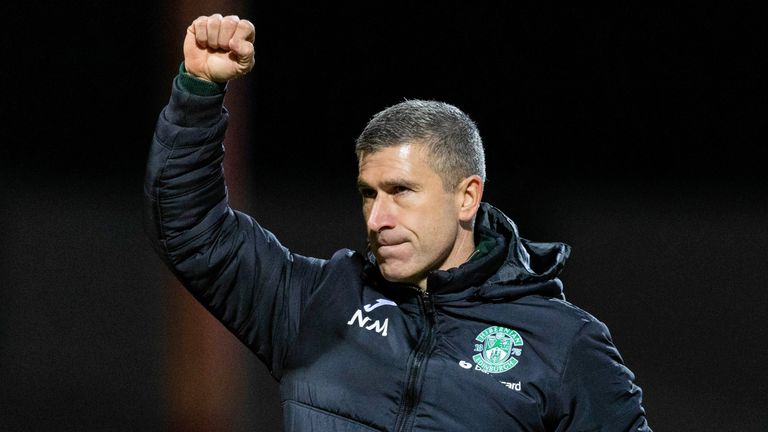 DUNDEE, SCOTLAND - NOVEMBER 25: Hibernian managr Nick Montgomery after a cinch Premiership match between Dundee and Hibernian at the Scot Foam Stadium at Dens Park, on November 25, 2023, in Dundee, Scotland. (Photo by Ross Parker / SNS Group)