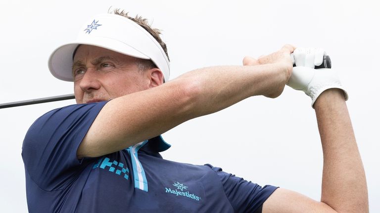 Co-Captain Ian Poulter of Majesticks GC hits his shot from the third tee during the final round of LIV Golf Greenbrier at the The Old White at The Greenbrier on Sunday, August 06, 2023 in White Sulfur Springs, West Virginia. (Photo by Chris Trotman/LIV Golf via AP) 